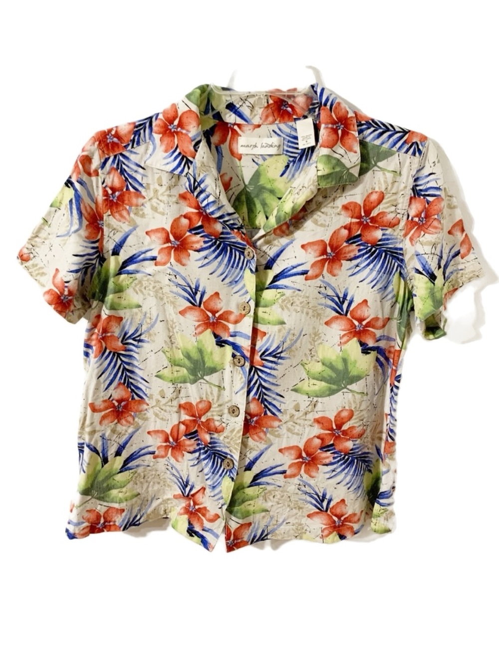 Marsh Landing Tropical Floral Short Sleeve Button Front Blouse Pointed Collar 🌺